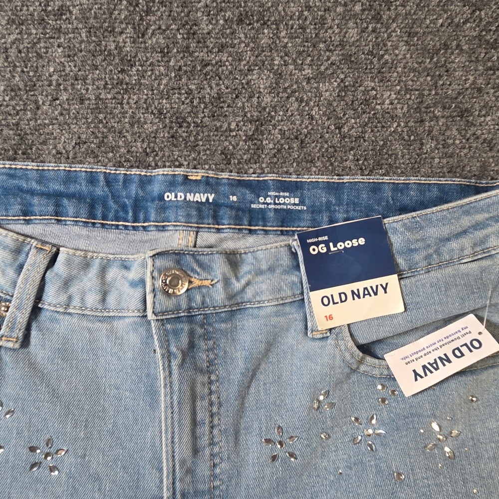 Old Navy OG Loose Jeans Womens 16 Light Wash Rhinestone Embellish High Rise NWT - Picture 3 of 8